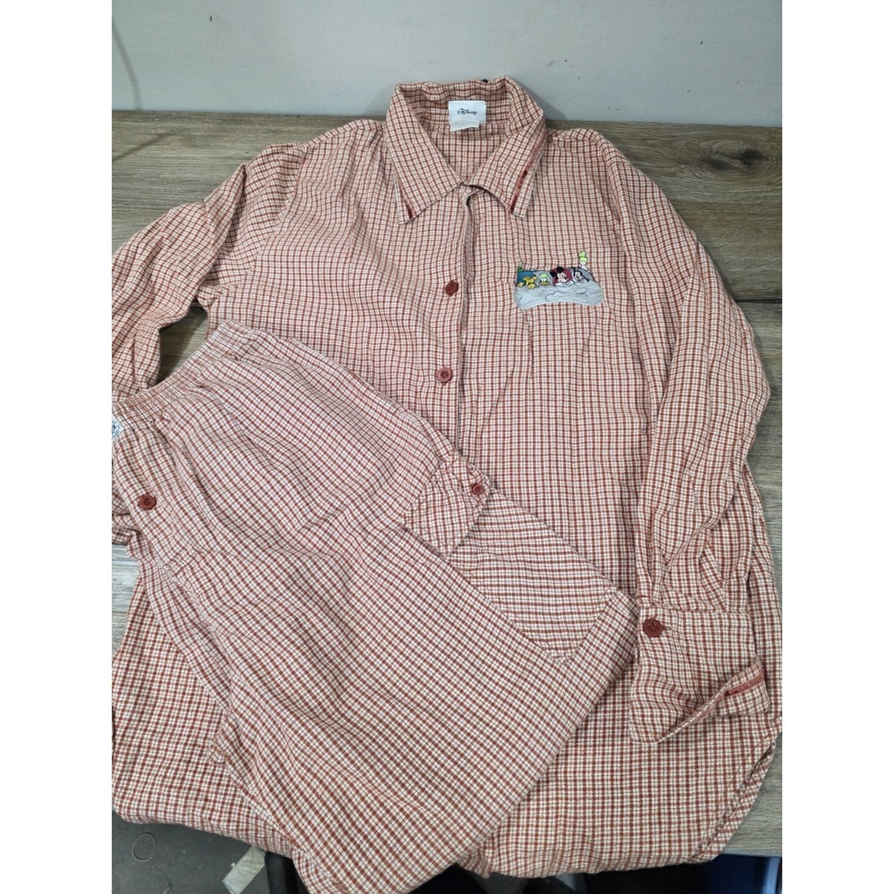 Walt Disney World Men's Flannel Sleep Set Light Red Plaid Shirt & Pants Size M